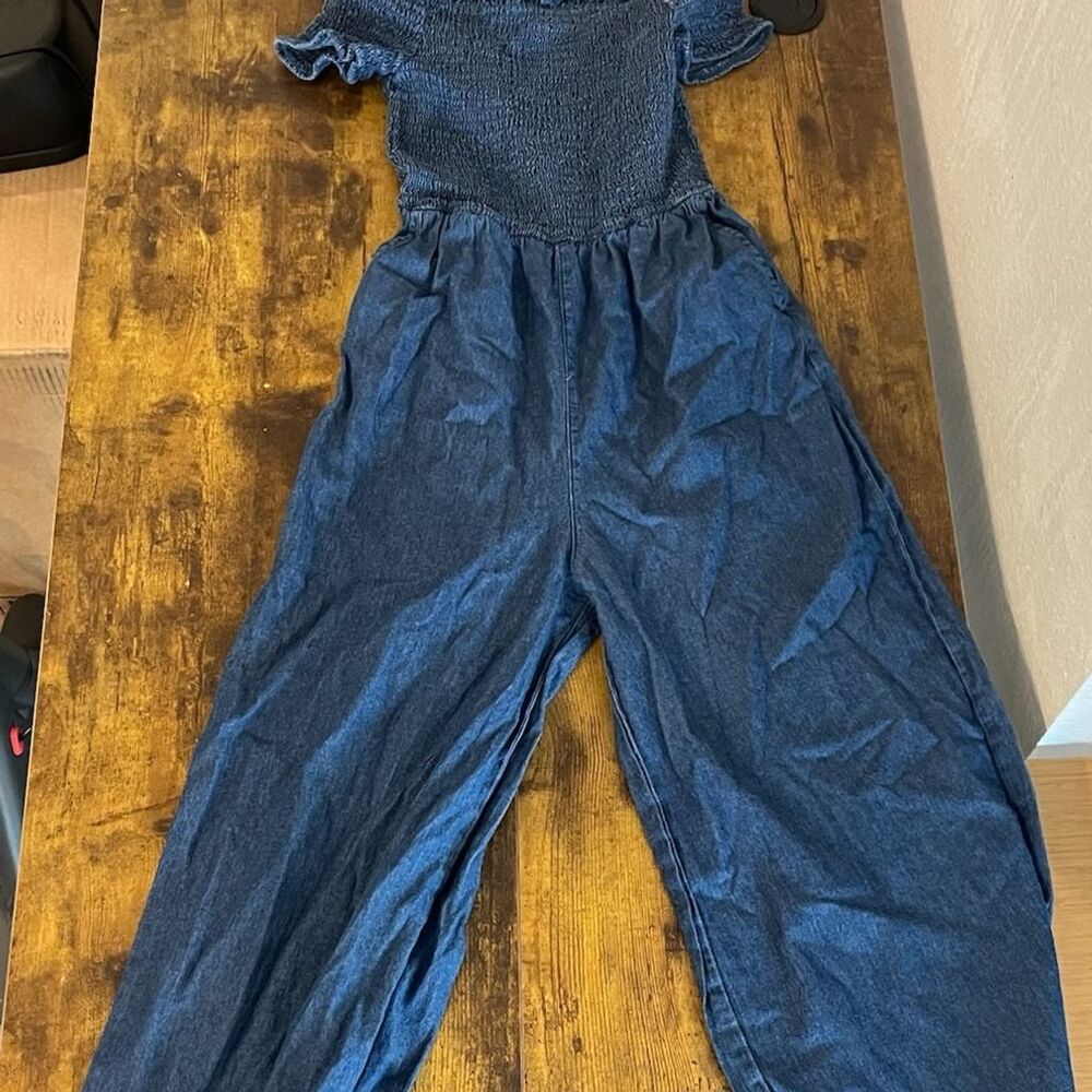 Women's Blue Denim‎ Jumpsuit Romper XXS Off-Shoulder Ruffle Casual